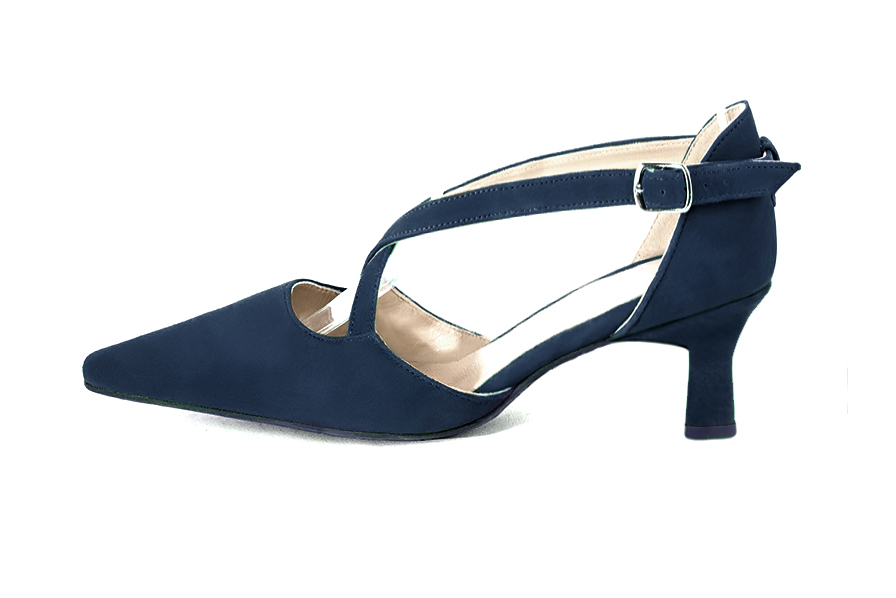 Women's navy blue open side dress shoes, with crossed straps. Tapered toe. Medium spool heels - Profile view